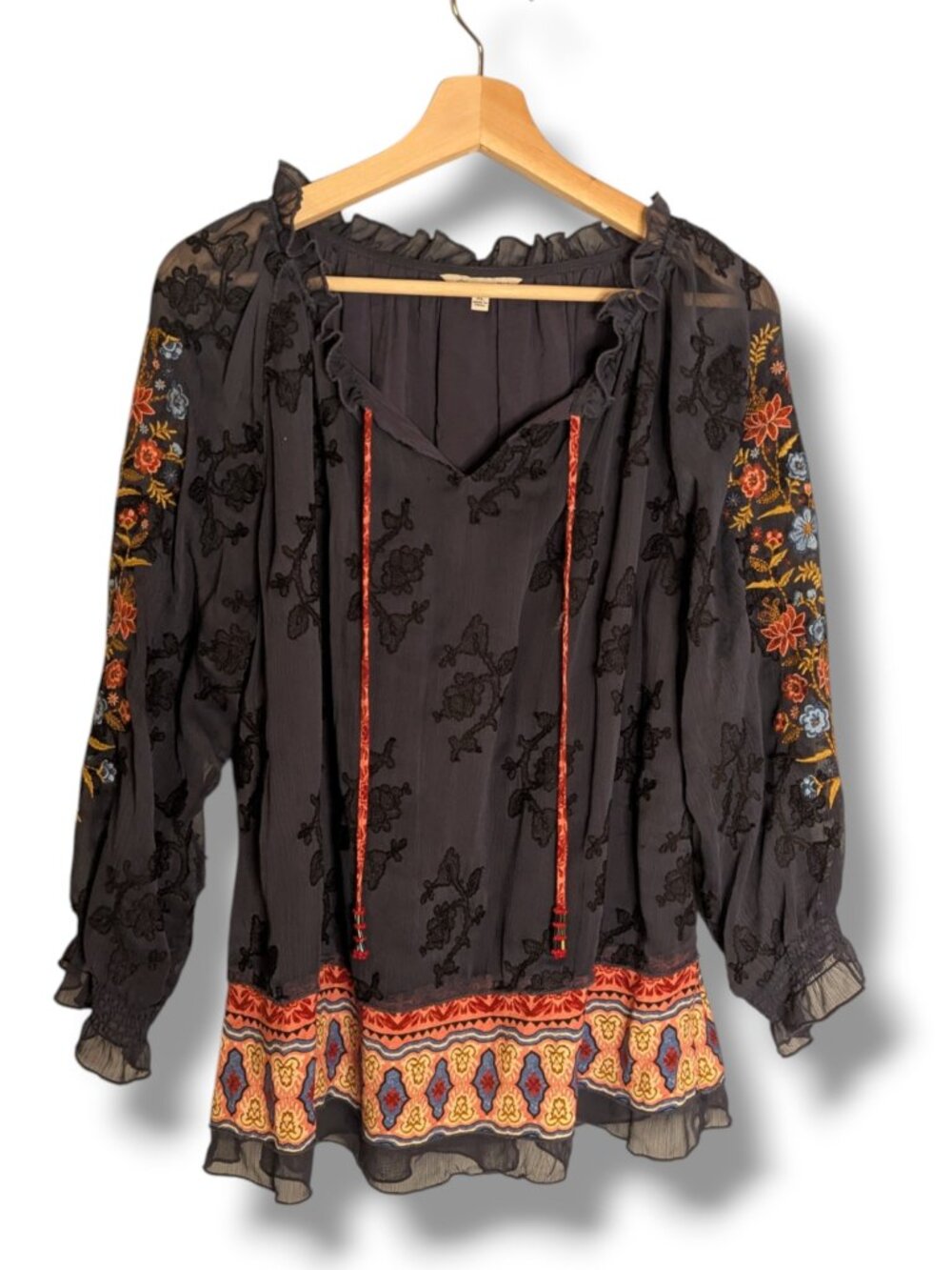 John Mark Gray Black Patchwork Embroidered Tunic Top Women's XL Boho Fairy